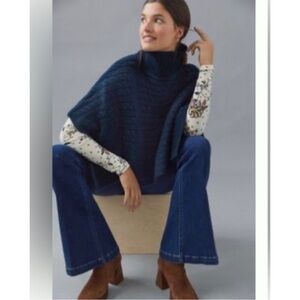 Anthropologie cropped cableknit sweater turtleneck poncho blue green one size